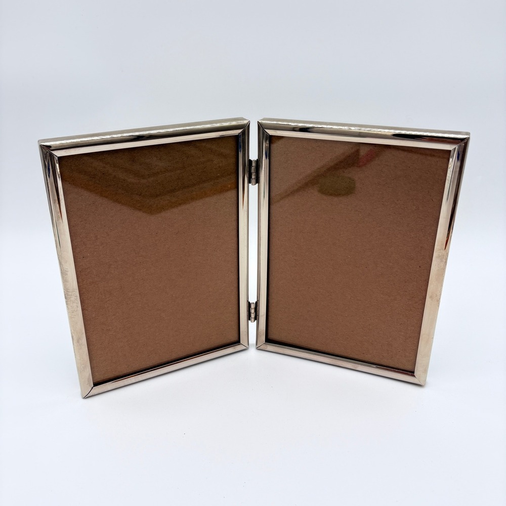 Silver Metal Double Folding Picture Frame Hinged Beveled Bi-Fold Tabletop 5x7
